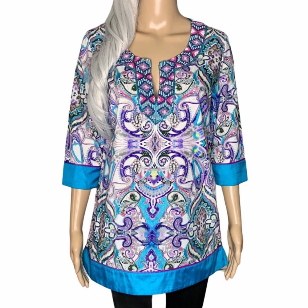 Robert Graham Paisley Boho Beaded Satin Tunic Top